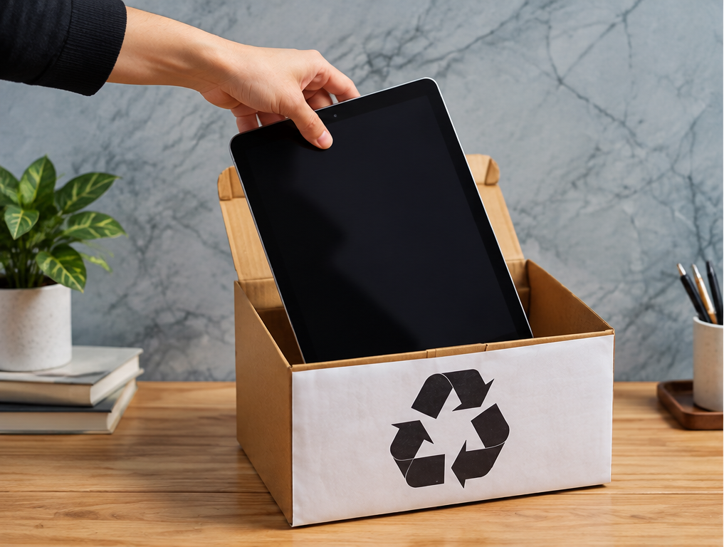 A hand placing a tablet into a cardboard recycling box