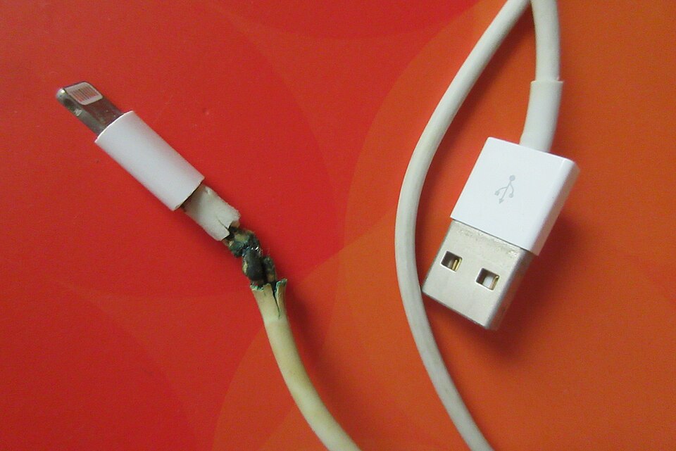 A failed Lightning cable, split at the strain point near the connector