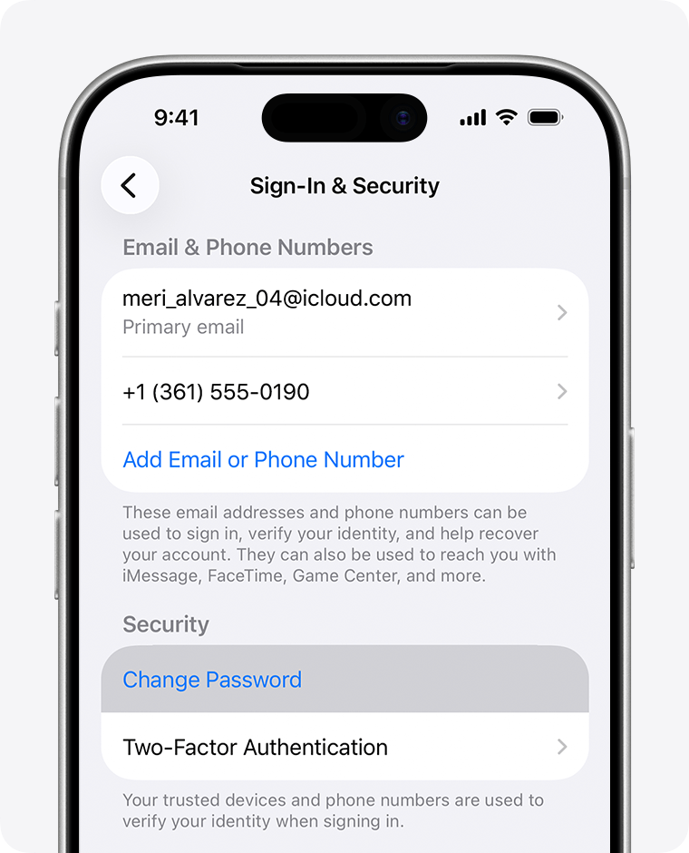 Change Password button in Sign-In and Security settings on iPhone