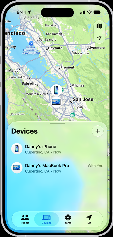 Find My app showing the Devices list and their locations on a map