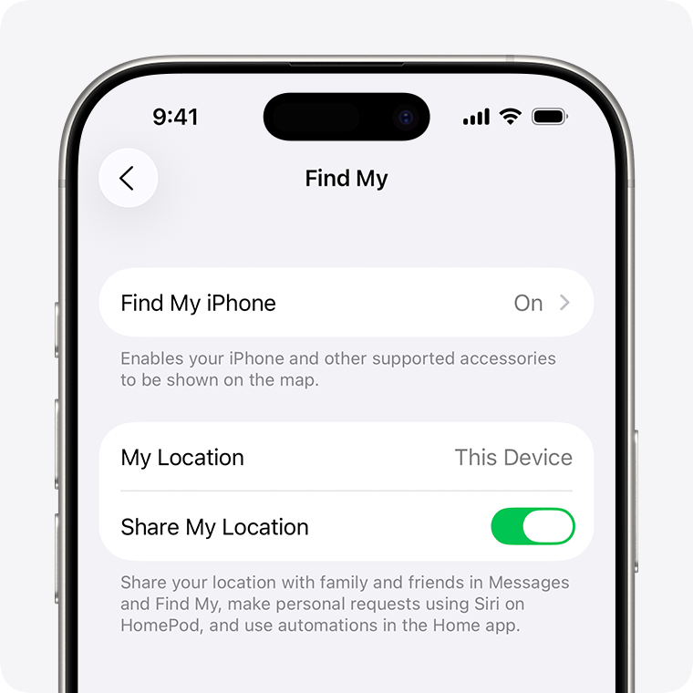Find My settings on iPhone with Find My iPhone turned on