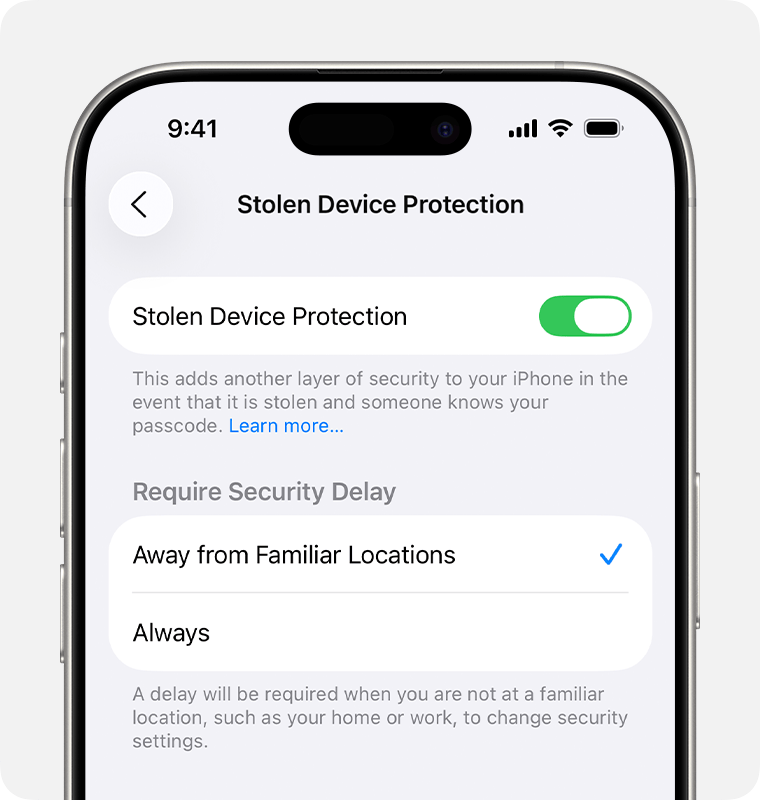 Stolen Device Protection setting on iPhone